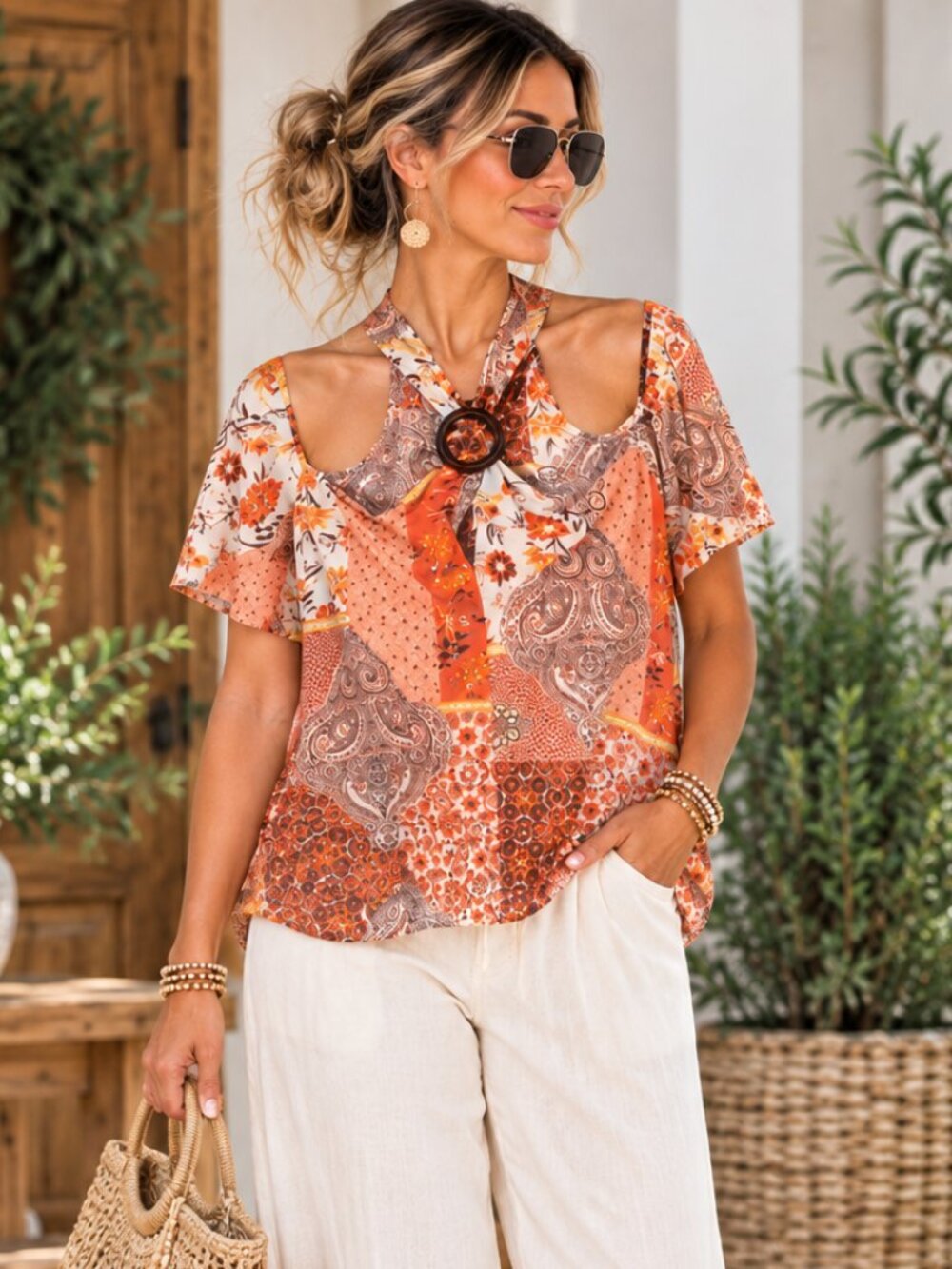 Parallel Skies Patchwork Print Cold Shoulder Halter Top Orange Brown Floral  XL